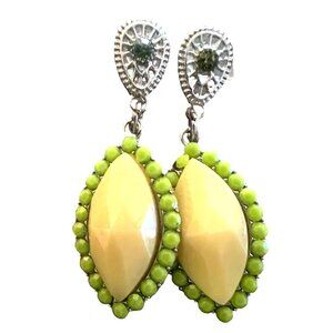 Earrings Yellow with Green Beads Faux Peridot Crystal Silver Pierced Dangle Drop